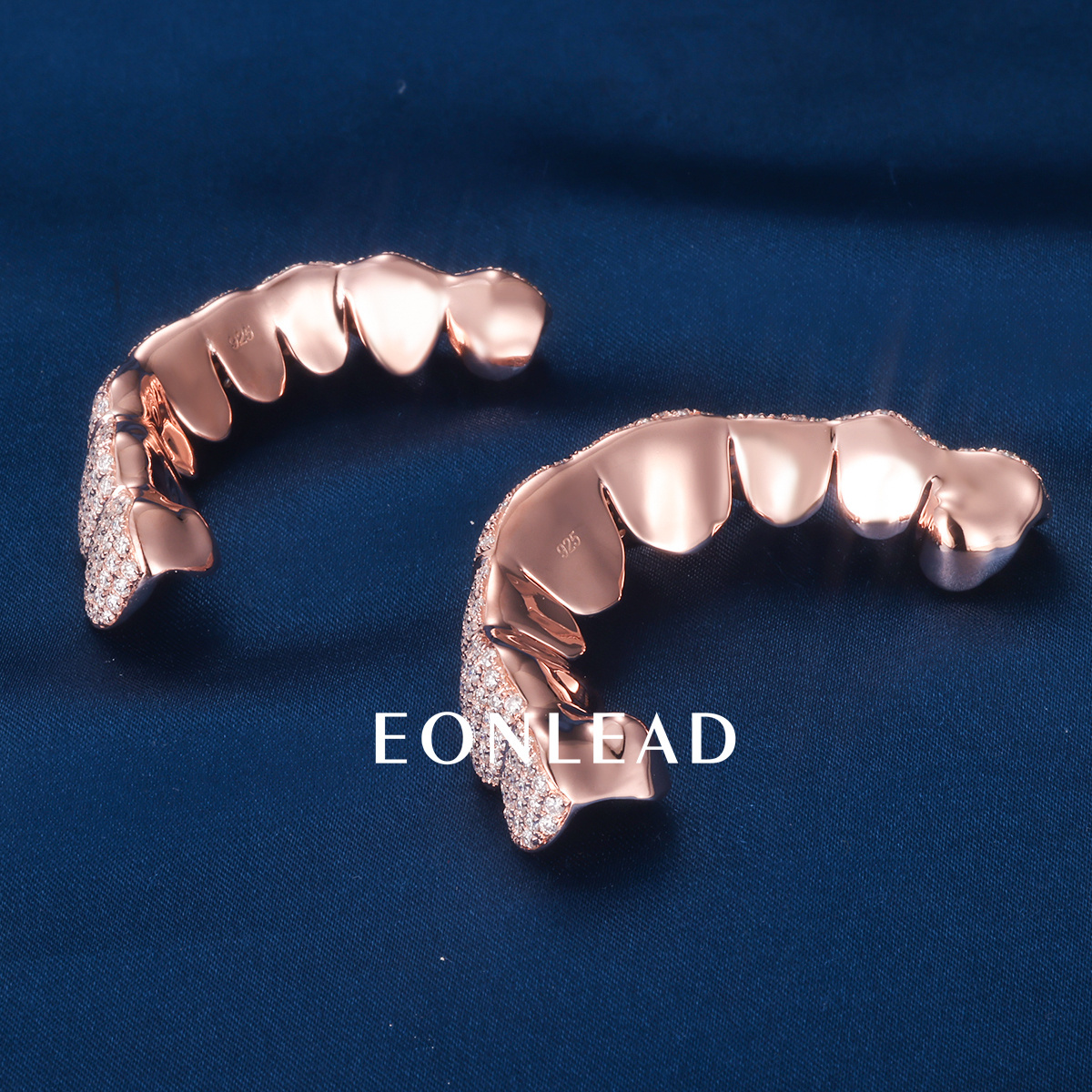 Custom Top & Bottom 8  S925 Silver Rose Gold Plated VVS Moissanite Diamond Regular Cut Teeth Grillz