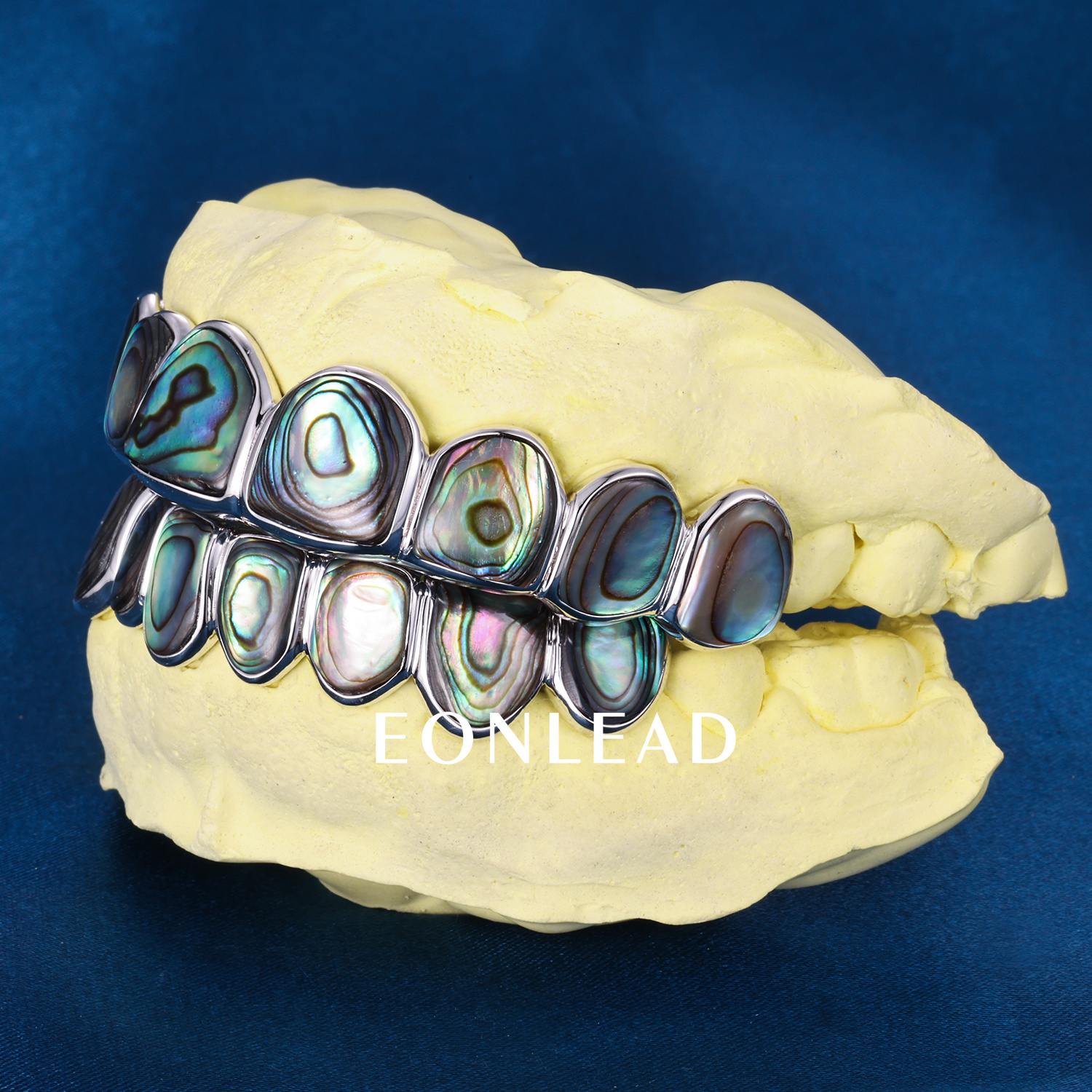 Custom Top & Bottom 8  S925 Silver White Gold Plated Abalone Teeth Grillz