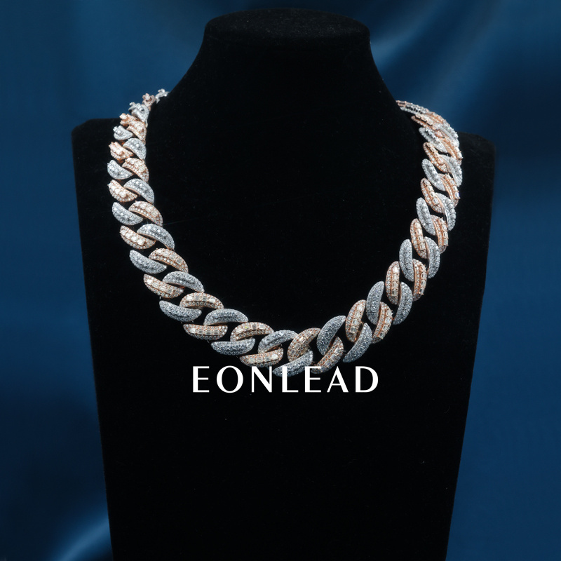 Custom 22mm 6-26inches S925 Silver Rose White Gold Plated Round & Emerald cut VVS Moissanite Diamond Cuban Chain Bracelet Necklace