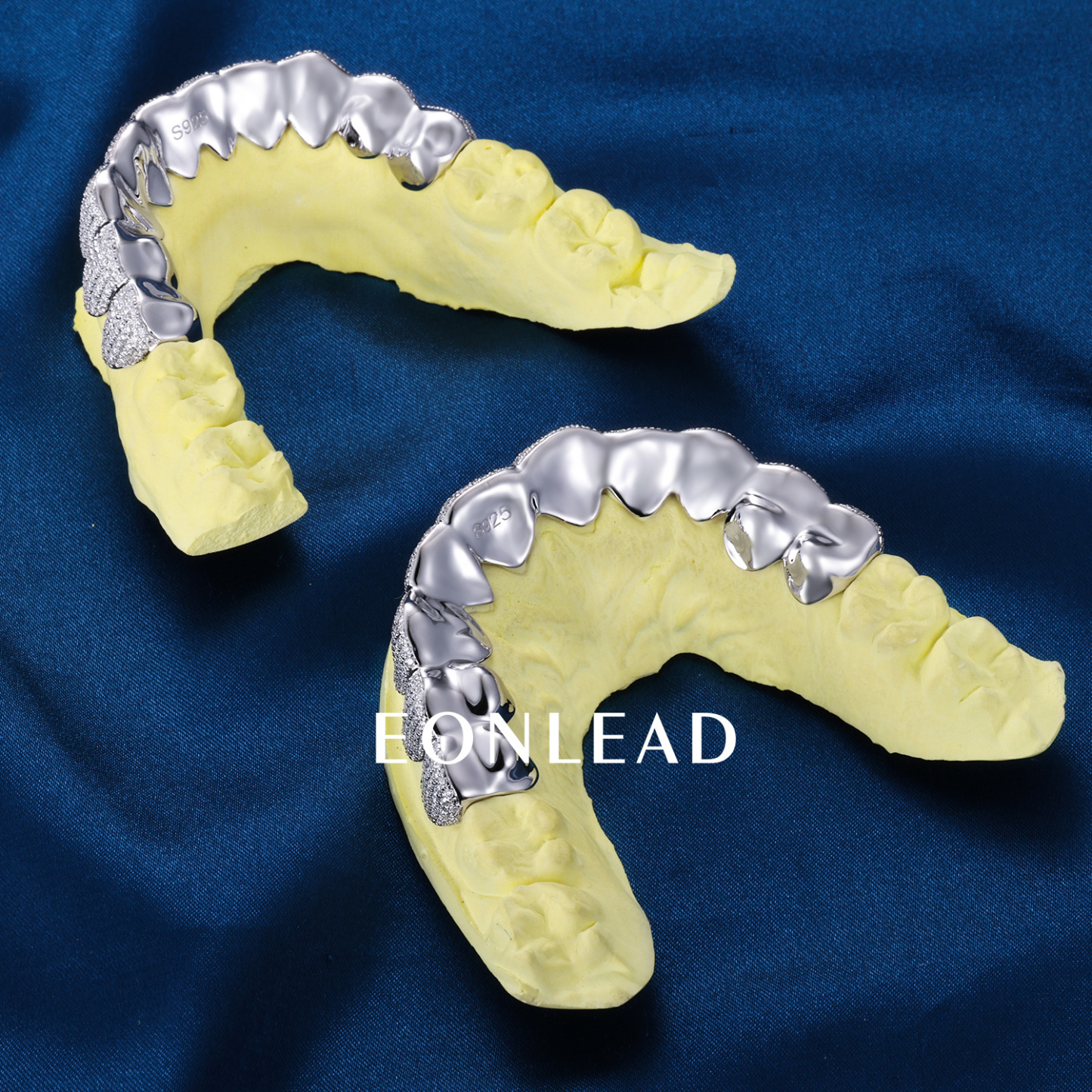 Custom S925 Silver White Gold Plated Top & Bottom 6 Flawless Moissanite Diamond Perm cut Honeycomb Setting Teeth Grillz