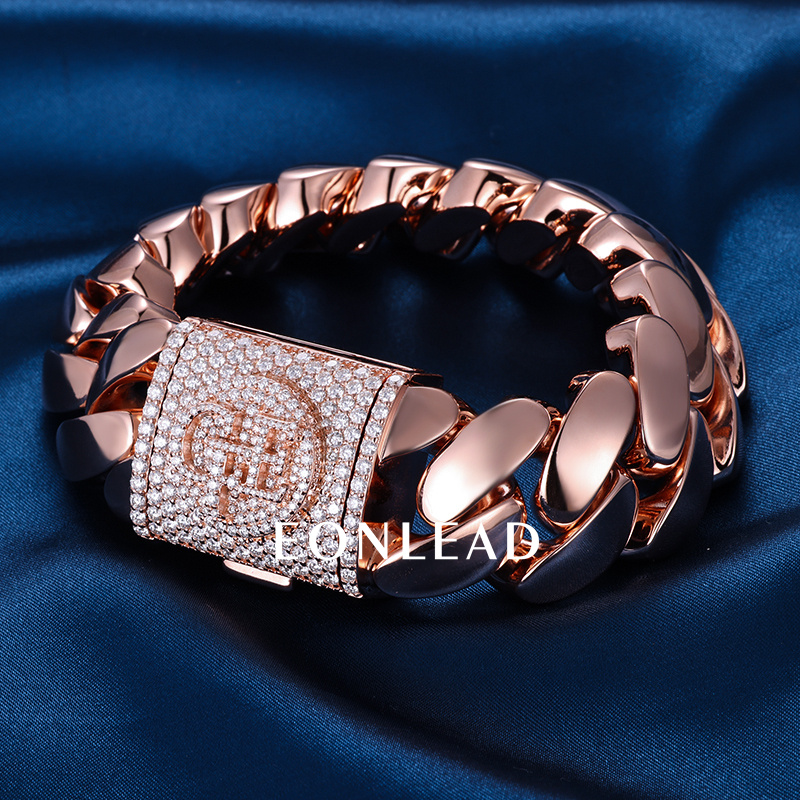 Custom 24mm 6-26inches S925 Silver Rose Gold Plated D VVS Moissanite Diamond Cuban Chain Bracelet