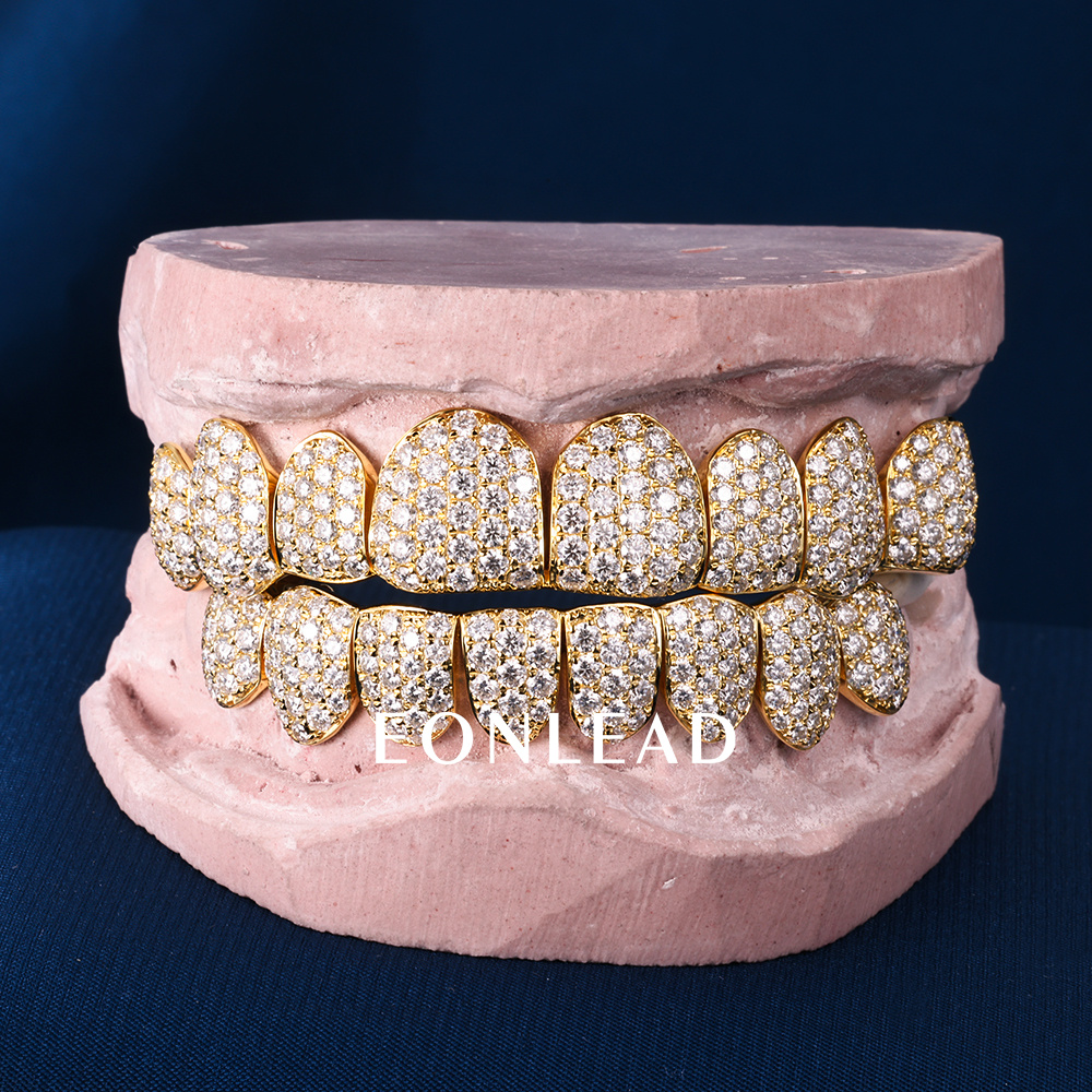 Custom Top & Bottom 10  S925 Silver Gold Plated VVS Moissanite Diamond Perm Cut Honeycomb Setting Teeth Grillz