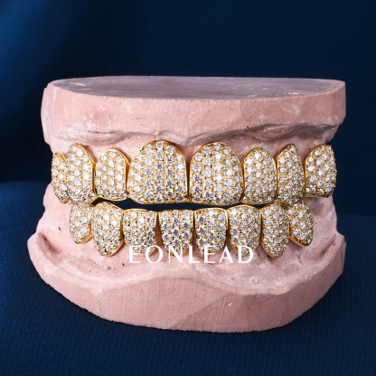 Custom Top & Bottom 10  S925 Silver Gold Plated VVS Moissanite Diamond Perm Cut Honeycomb Setting Teeth Grillz