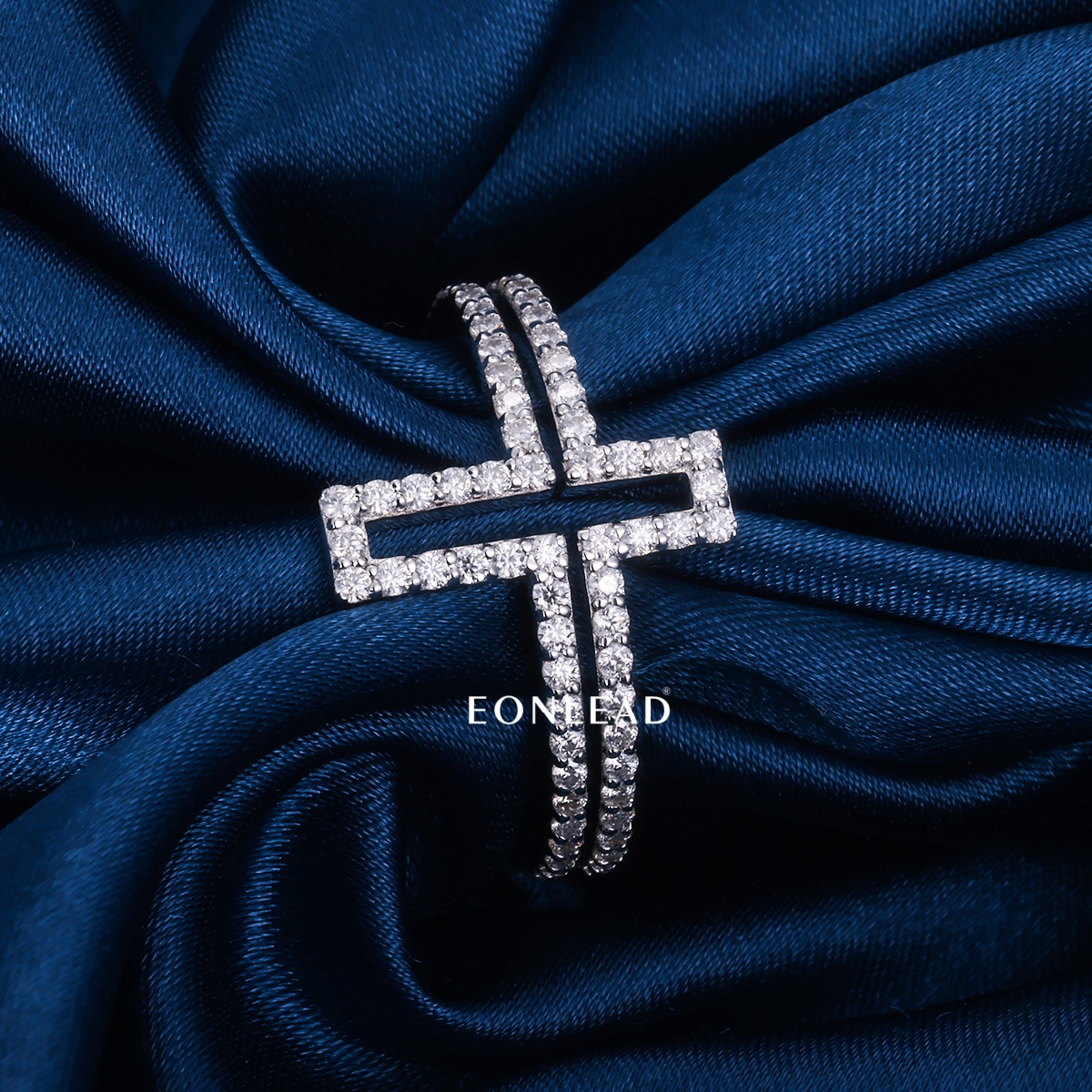 Custom Hollow Outline Cross Double Band Ring S925 Sterling Silver Full Micro Pave Moissanite Iced Out Wedding Ring