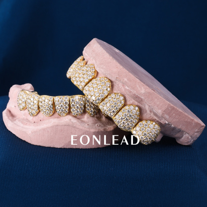 Custom Top & Bottom 10  S925 Silver Gold Plated VVS Moissanite Diamond Perm Cut Honeycomb Setting Teeth Grillz