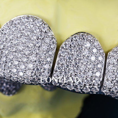 Custom S925 Silver White Gold Plated Top & Bottom 6 Flawless Moissanite Diamond Perm cut Honeycomb Setting Teeth Grillz