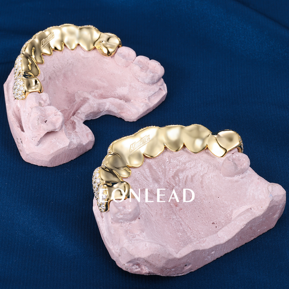 Custom Top & Bottom 10  S925 Silver Gold Plated VVS Moissanite Diamond Perm Cut Honeycomb Setting Teeth Grillz