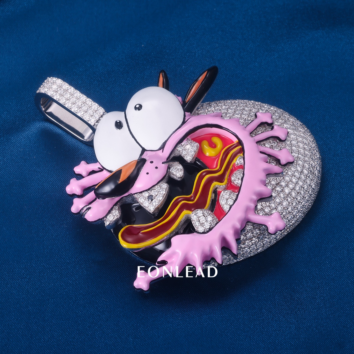 Custom Iced Out Courage the Cowardly Dog Heart Pendant Enamel Cartoon Moissanite Hip Hop Necklace Charm for Men Women Rapper Jewelry