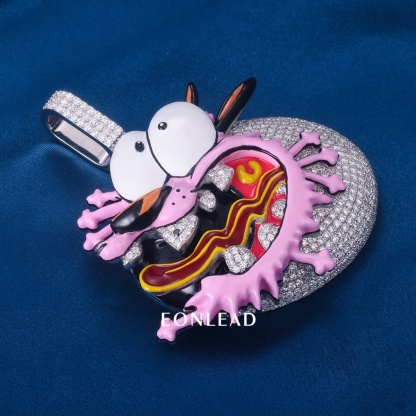 Custom Iced Out Courage the Cowardly Dog Heart Pendant Enamel Cartoon Moissanite Hip Hop Necklace Charm for Men Women Rapper Jewelry