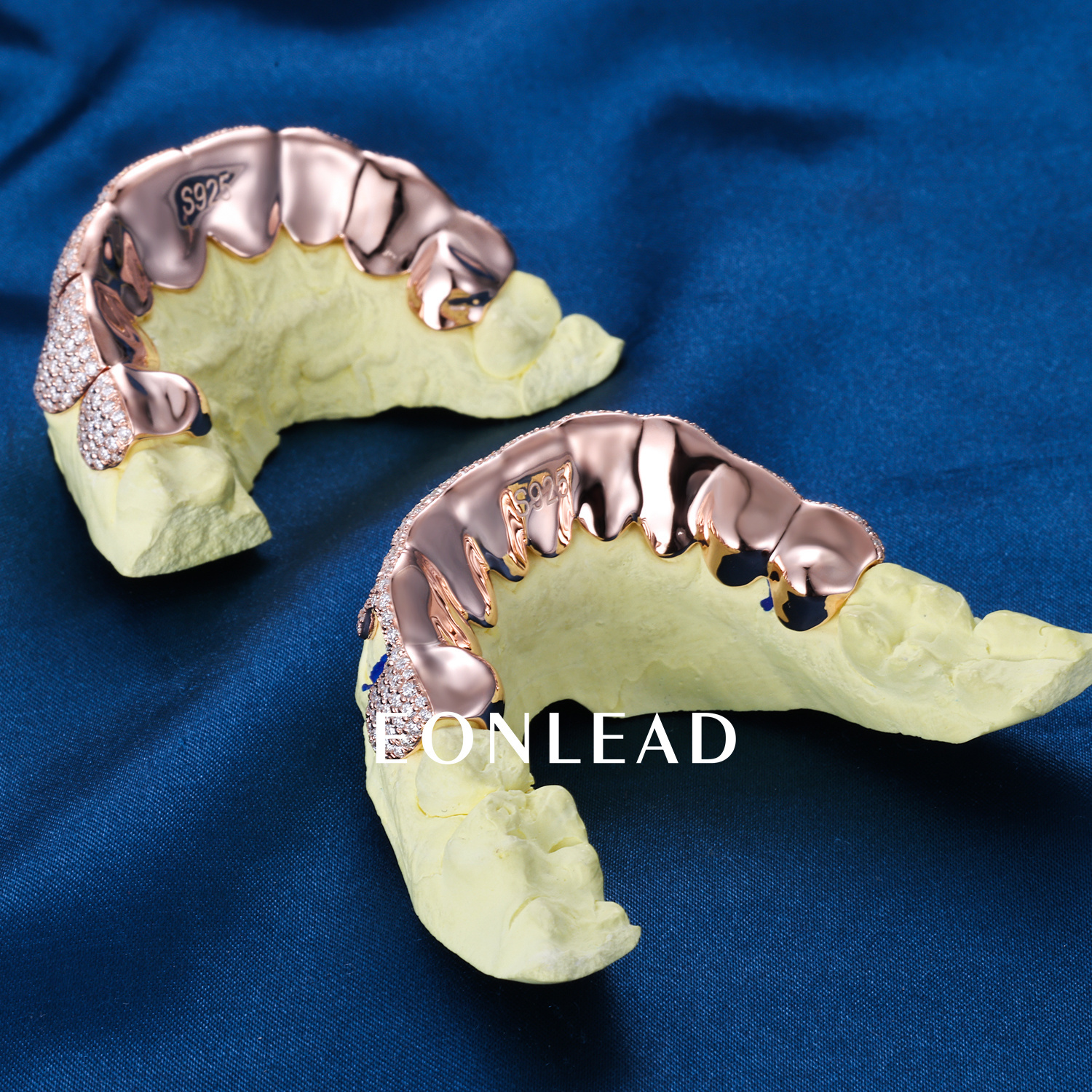 Custom Top & Bottom 8  S925 Silver Rose Gold Plated VVS Moissanite Diamond Perm cut Honeycomb Setting Water Drop Shape Teeth Grillz