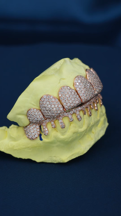 Custom Top & Bottom 8  S925 Silver Rose Gold Plated VVS Moissanite Diamond Perm cut Honeycomb Setting Water Drop Shape Teeth Grillz