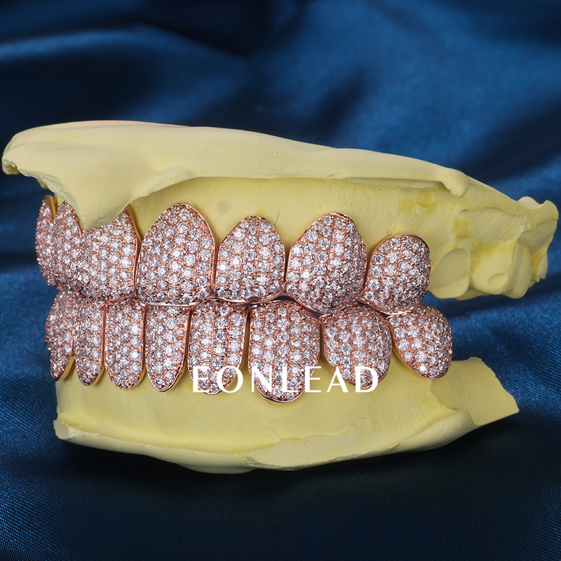 Custom S925 Silver Rose Gold Plated Top & Bottom 8 VVS Moissanite Diamond Perm cut Teeth Grillz for Men Women