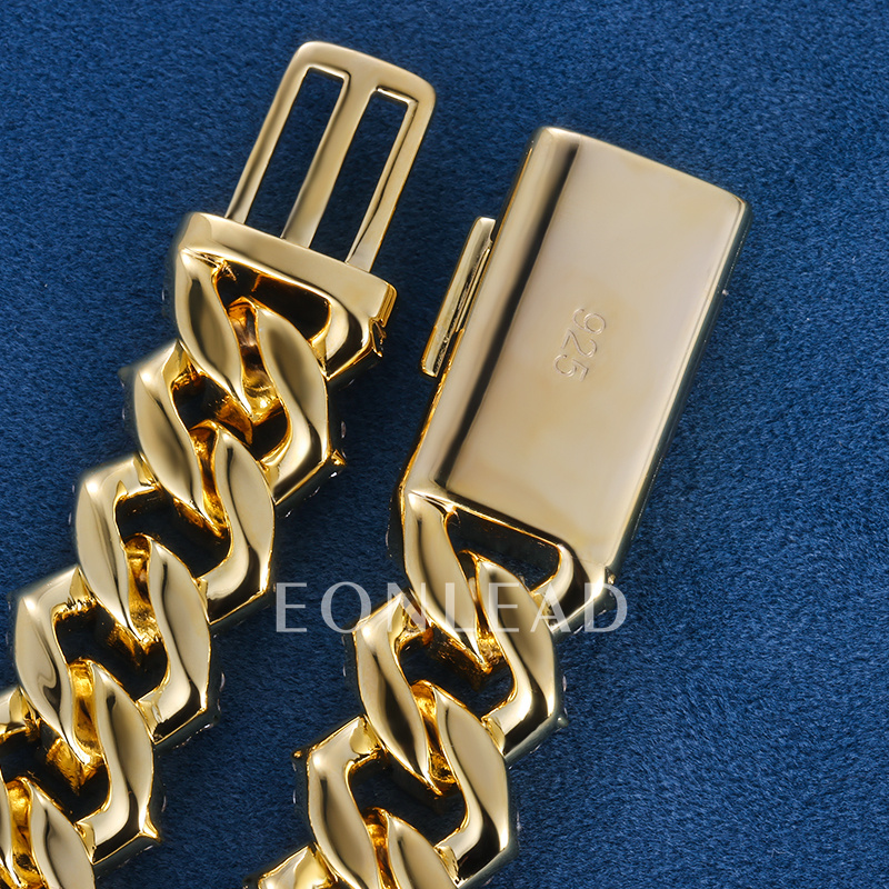 15mm 6-26inches S925 Silver Gold Plated VVS Moissanite Diamond Cuban Chain Bracelet Necklace