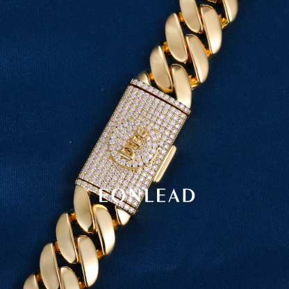 Custom 14mm 6-26inches S925 Silver Yellow Gold Plated D VVS Moissanite Diamond Clasp Cuban Chain Bracelet Necklace