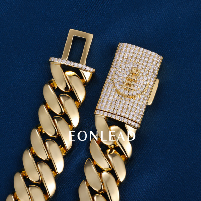 Custom 14mm 6-26inches S925 Silver Yellow Gold Plated D VVS Moissanite Diamond Clasp Cuban Chain Bracelet Necklace