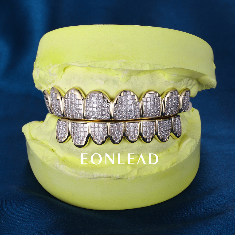 Custom S925 Silver Yellow Gold Plated Top & Bottom 8 VVS Princess cut Moissanite Diamond Invisible Setting Teeth Grillz