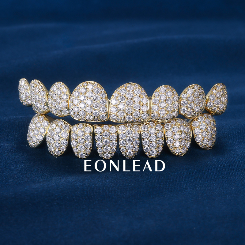 Custom S925 Silver Yellow Gold Plated Top & Bottom 10 VVS Moissanite Diamond Perm cut Honeycomb Setting Teeth Grillz