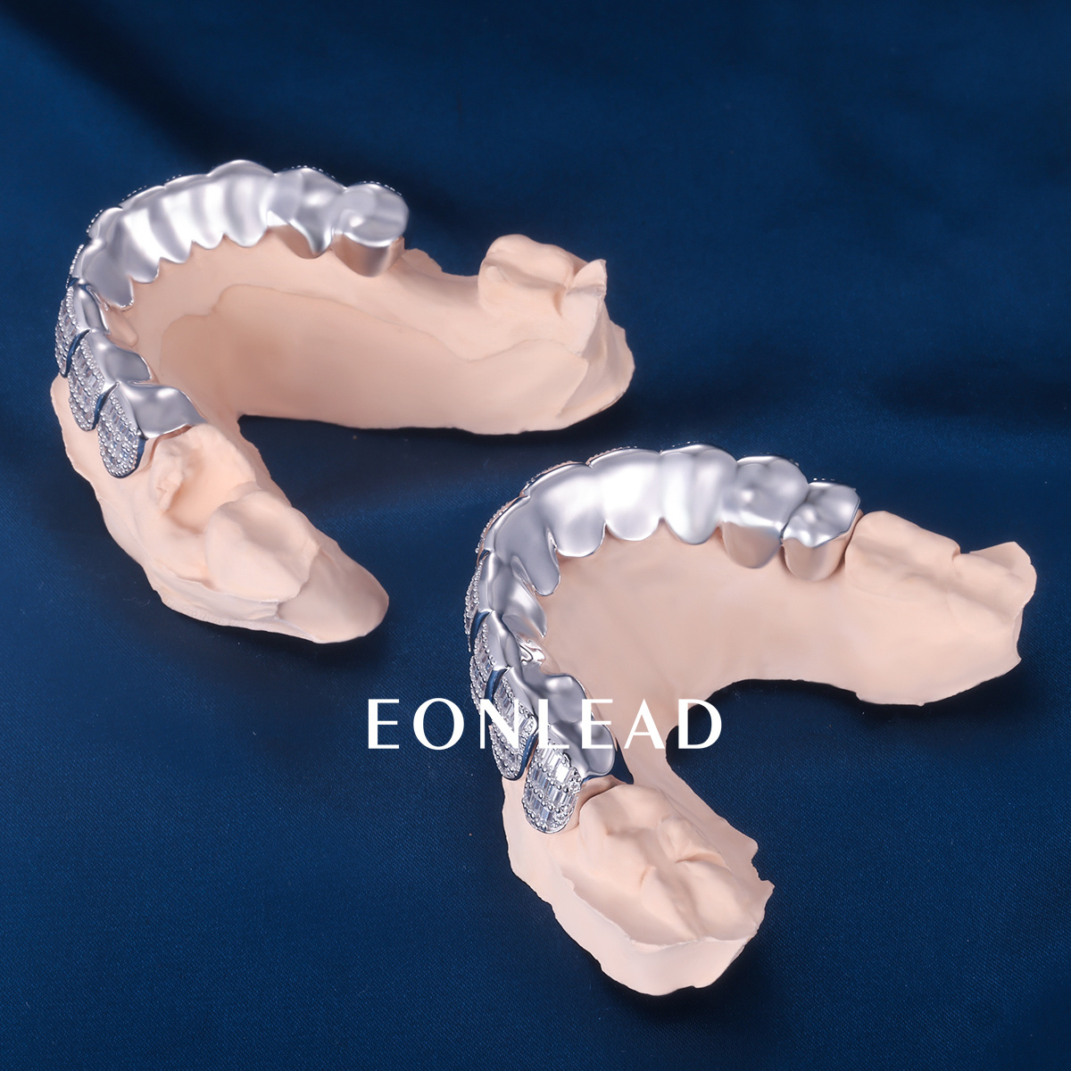 Custom S925 Silver White Gold Plated Top & Bottom 10 Baguette Moissanite Diamond Perm cut Teeth Grillz