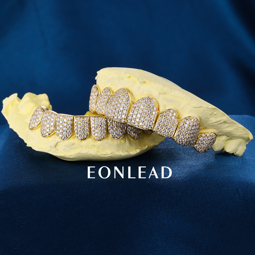 Custom Top & Bottom 8 S925 Silver Yellow Gold Plated VVS Moissanite Diamond Perm Cut Honeycomb Setting Teeth Grillz