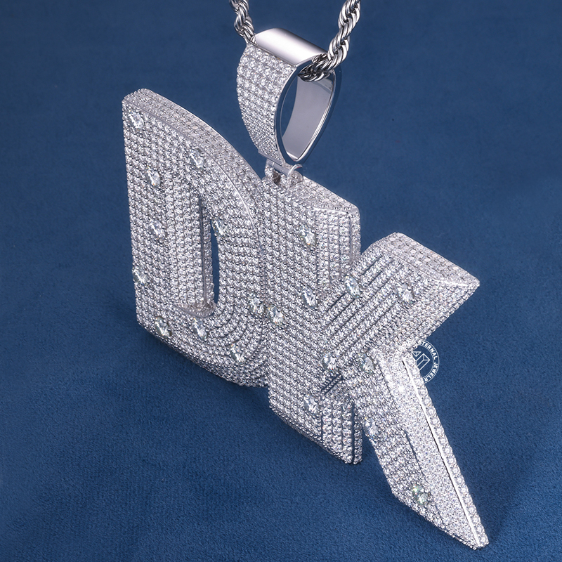 CUSTOM 4INCHES S925 SILVER ICED OUT D VVS MOISSANITE DIAMOND “DK” LETTER RAPPER HIP HOP PENDANT 
