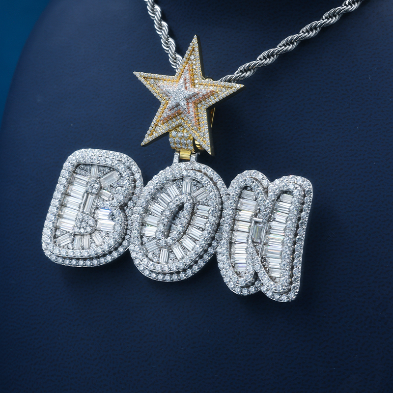 CUSTOM 3INCHES S925 SILVER TWO-TONE ICED OUT D VVS MOISSANITE DIAMOND “BON” LETTER RAPPER HIP HOP PENDANT