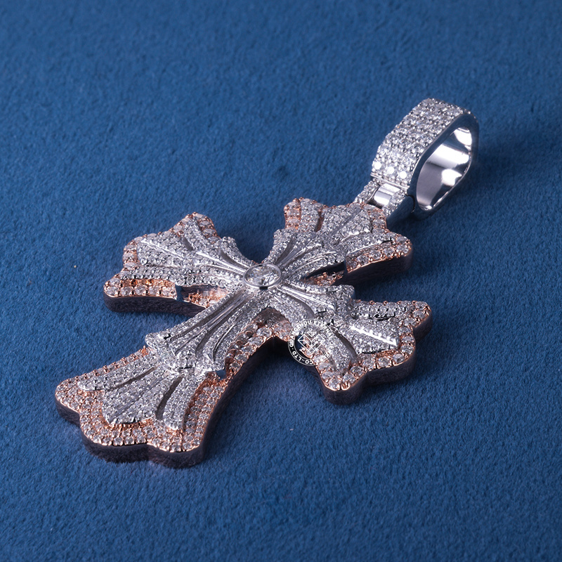 CUSTOM 2.5INCHES S925 SILVER TWO-TONE ICED OUT D VVS MOISSANITE DIAMOND RAPPER HIP HOP CROSS PENDANT