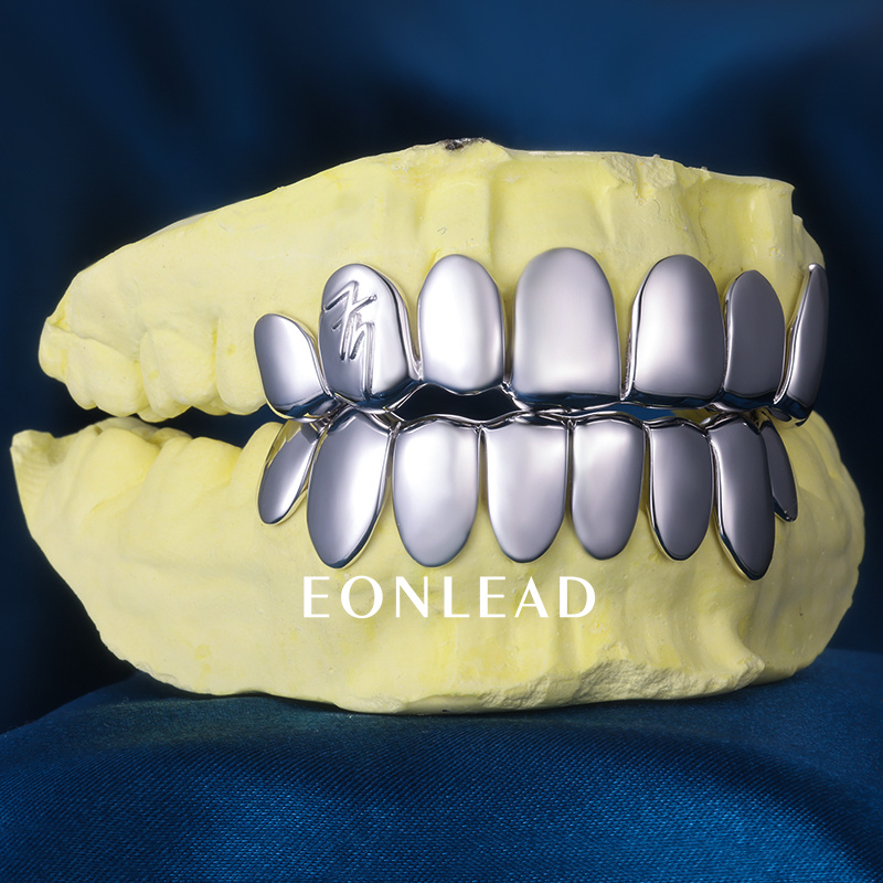 Custom S925 Solid Plain Silver White Gold Plated Top & Bottom 8 Perm cut Teeth Grillz
