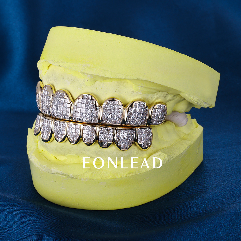 Custom S925 Silver Yellow Gold Plated Top & Bottom 8 VVS Princess cut Moissanite Diamond Invisible Setting Teeth Grillz