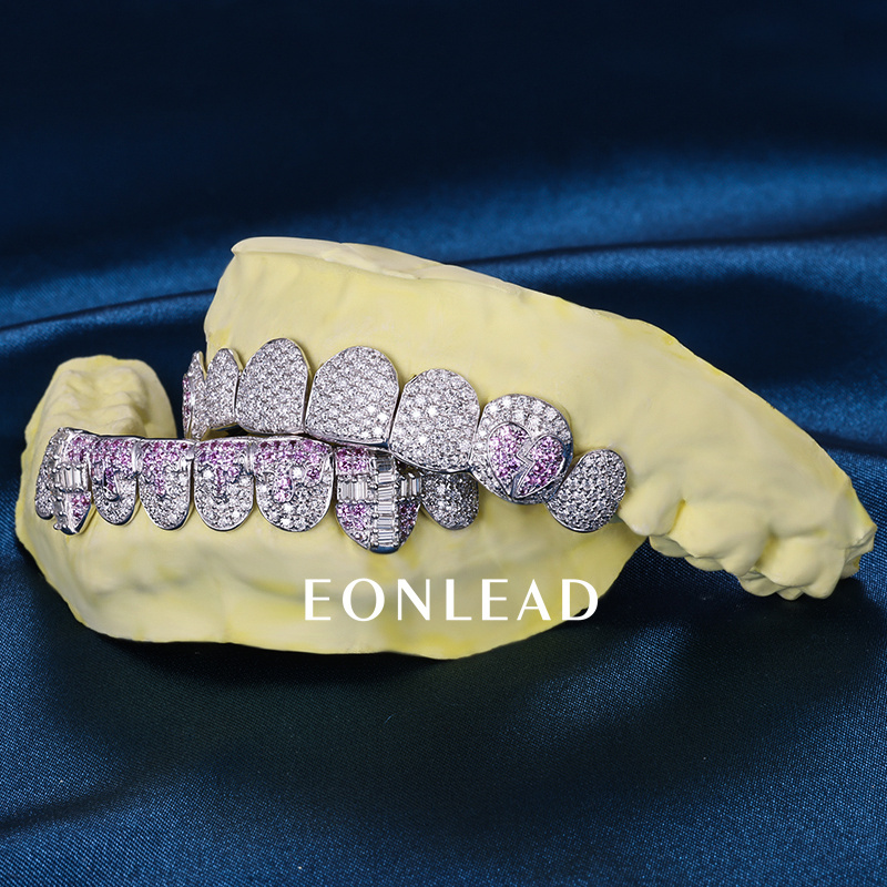 Custom S925 Silver Top & Bottom 2 - 10 VVS Moissanite Diamond Perm cut Baguette Cross heart shape Teeth Grillz for Men Women