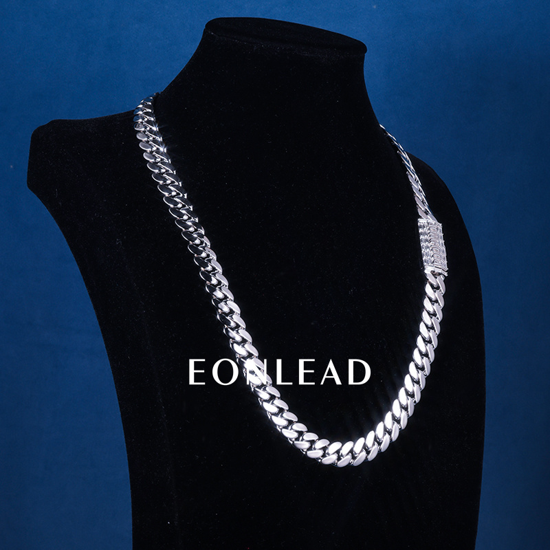 12mm 24inches S925 Sterling Silver White Gold Plated baguette Moissanite Diamond Clasp Miami Cuban Chain Necklace