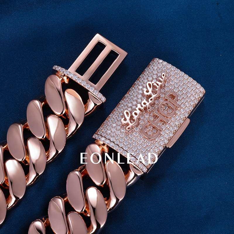 Custom 24mm 6-26inches S925 Silver Rose Gold Plated D VVS Moissanite Diamond Clasp Cuban Chain Bracelet Necklace