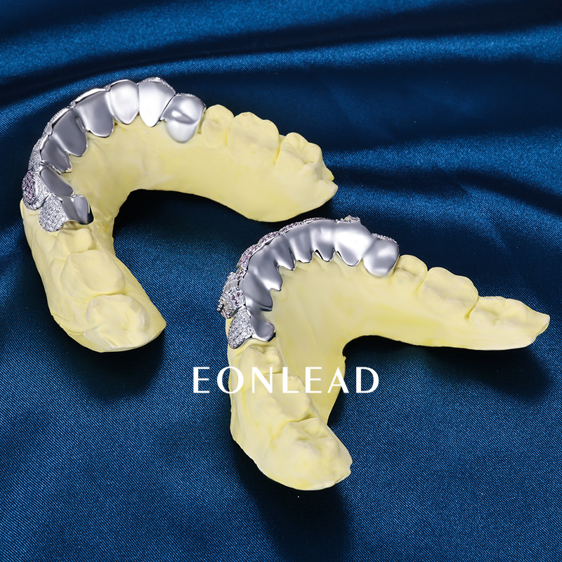 Custom S925 Silver Top & Bottom 2 - 10 VVS Moissanite Diamond Perm cut Baguette Cross heart shape Teeth Grillz for Men Women