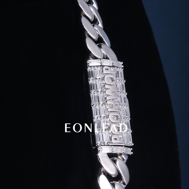 12mm 24inches S925 Sterling Silver White Gold Plated baguette Moissanite Diamond Clasp Miami Cuban Chain Necklace
