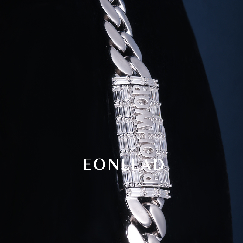 12mm 24inches S925 Sterling Silver White Gold Plated baguette Moissanite Diamond Clasp Miami Cuban Chain Necklace