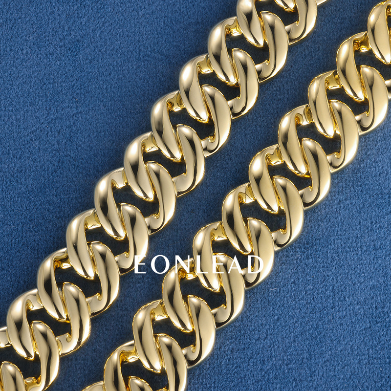 Custom 15mm 26inches S925 Solid Silver Yellow Gold Plated Miami Cuban Link Chain Necklace