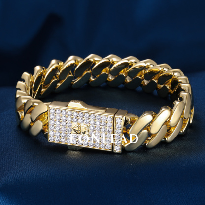 Custom 15mm 8inches S925 Silver Yellow Gold Plated D VVS Moissanite Diamond Cuban Chain Bracelet