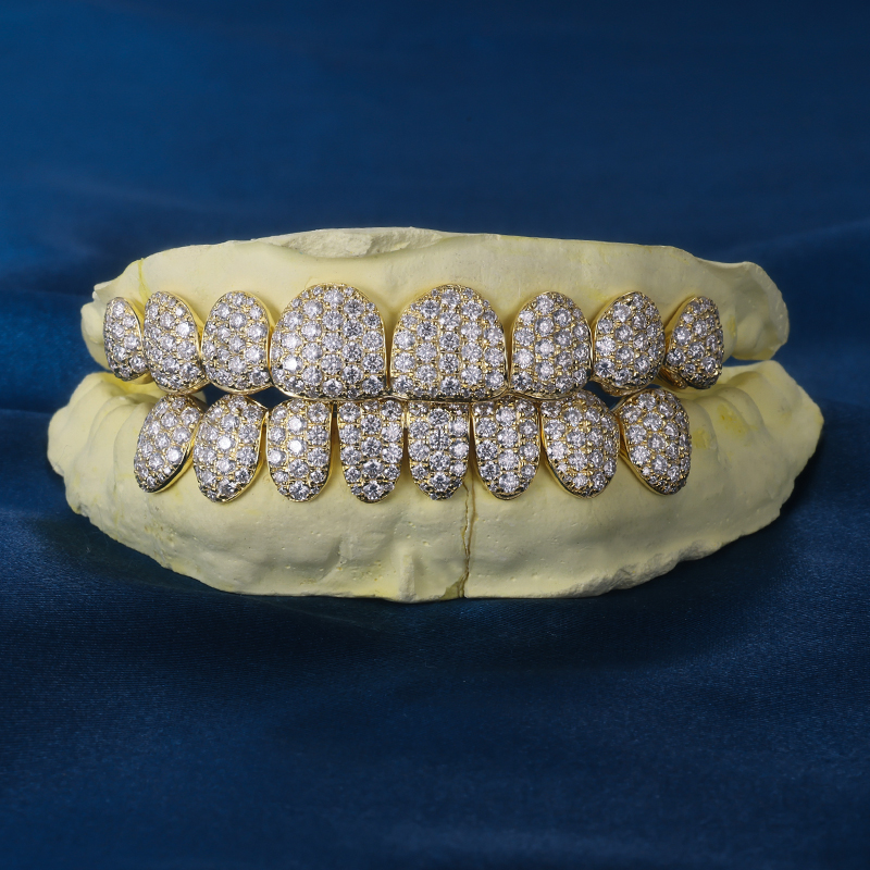Custom S925 Silver Yellow Gold Plated Top & Bottom 10 VVS Moissanite Diamond Perm cut Honeycomb Setting Teeth Grillz