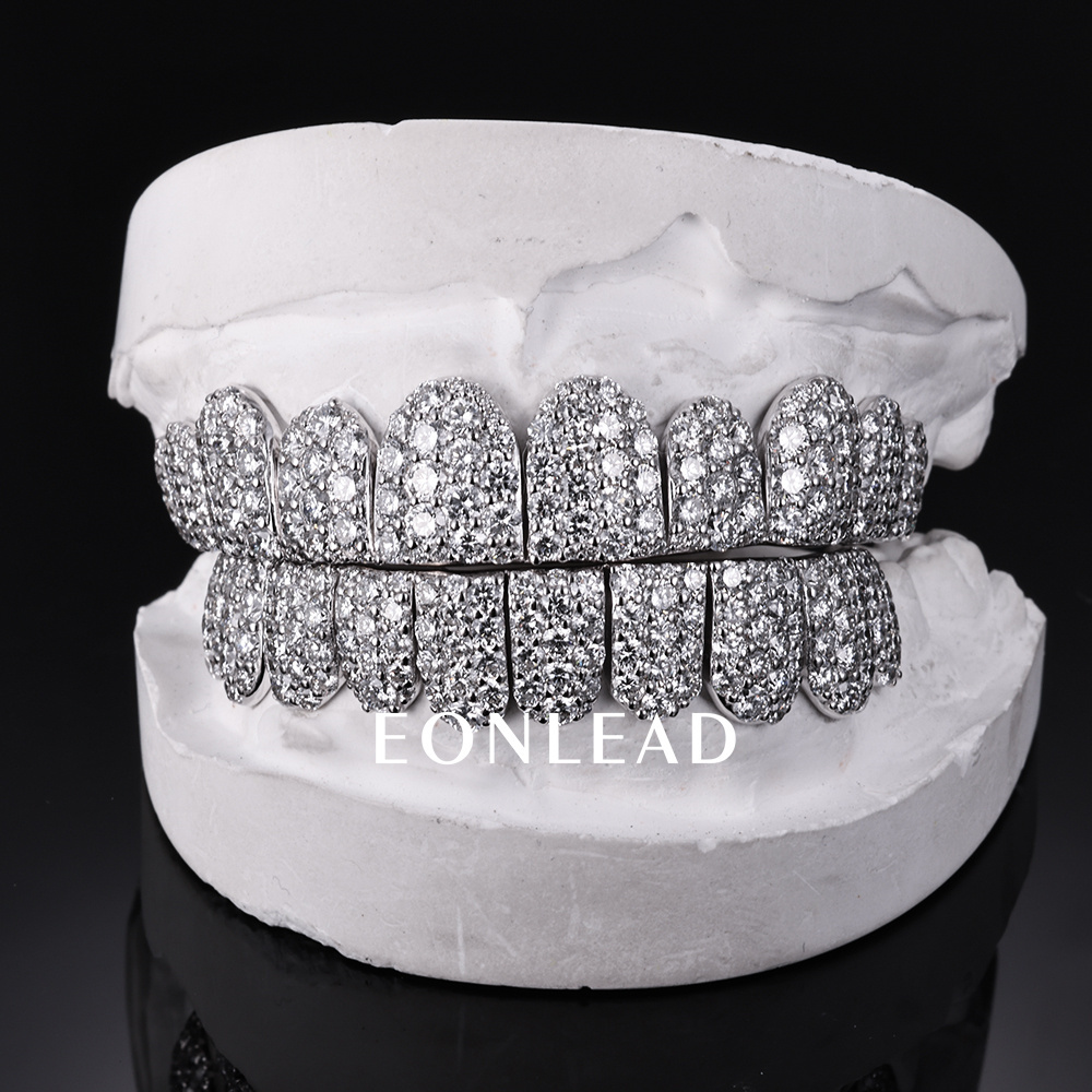 Custom S925 Silver White Gold Plated Top & Bottom 10 VVS Moissanite Diamond Perm cut Honeycomb Setting Teeth Grillz