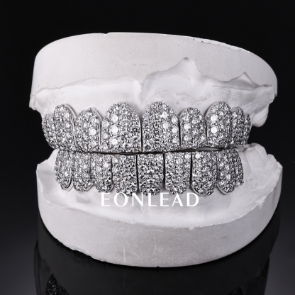 Custom S925 Silver White Gold Plated Top & Bottom 10 VVS Moissanite Diamond Perm cut Honeycomb Setting Teeth Grillz