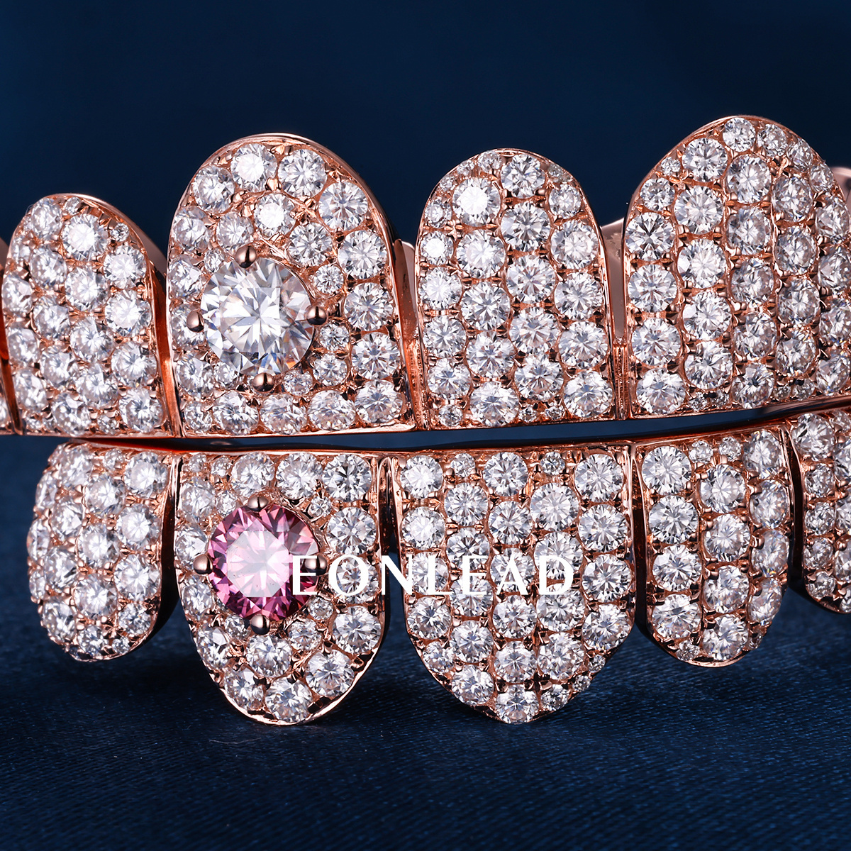 Custom S925 Silver Rose Gold Plated Top & Bottom 8 VVS Pink Moissanite Diamond Perm cut Honeycomb Setting Horizontal Straight Teeth Grillz