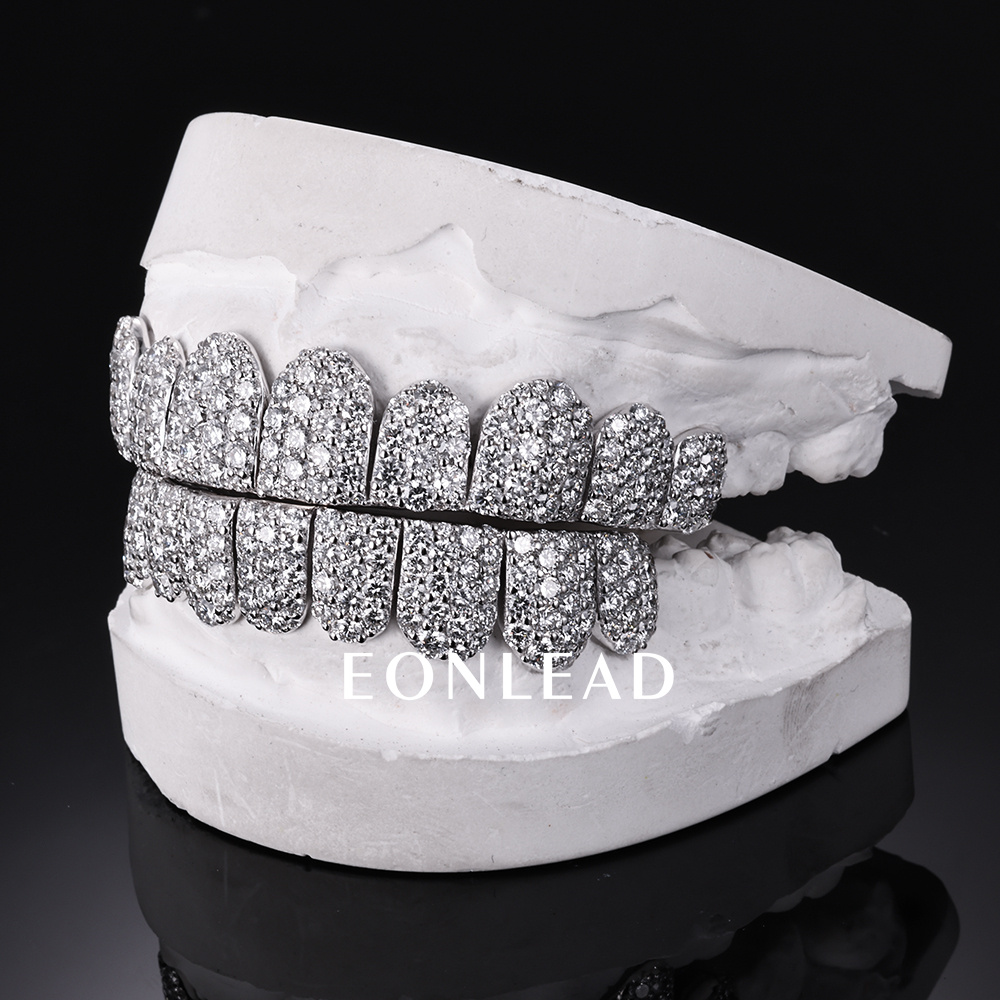 Custom S925 Silver White Gold Plated Top & Bottom 10 VVS Moissanite Diamond Perm cut Honeycomb Setting Teeth Grillz