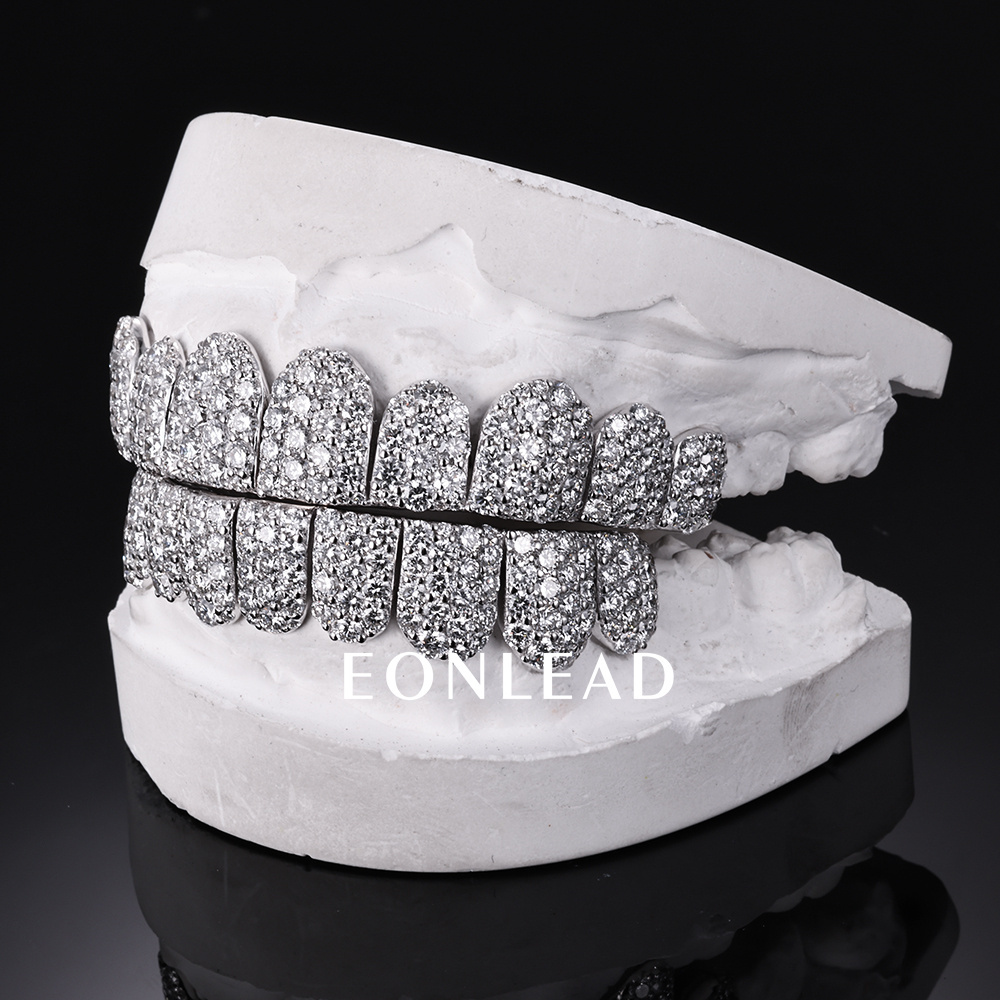 Custom S925 Silver White Gold Plated Top & Bottom 10 VVS Moissanite Diamond Perm cut Honeycomb Setting Teeth Grillz