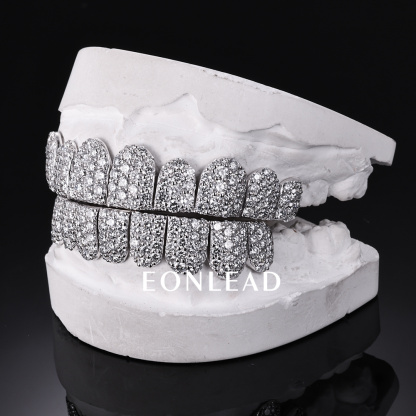 Custom S925 Silver White Gold Plated Top & Bottom 10 VVS Moissanite Diamond Perm cut Honeycomb Setting Teeth Grillz