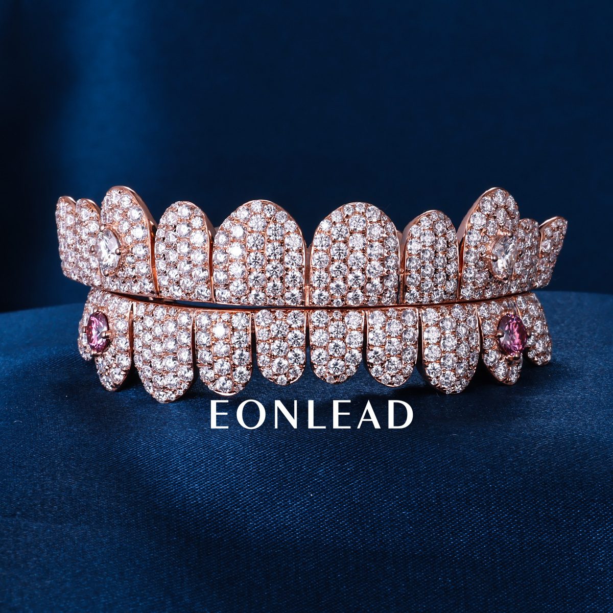 Custom S925 Silver Rose Gold Plated Top & Bottom 8 VVS Pink Moissanite Diamond Perm cut Honeycomb Setting Horizontal Straight Teeth Grillz
