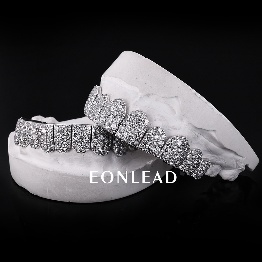 Custom S925 Silver White Gold Plated Top & Bottom 10 VVS Moissanite Diamond Perm cut Honeycomb Setting Teeth Grillz