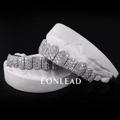 Custom S925 Silver White Gold Plated Top & Bottom 10 VVS Moissanite Diamond Perm cut Honeycomb Setting Teeth Grillz