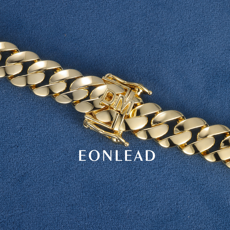 Custom 15mm 26inches S925 Solid Silver Yellow Gold Plated Miami Cuban Link Chain Necklace