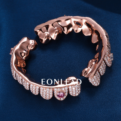 Custom S925 Silver Rose Gold Plated Top & Bottom 8 VVS Pink Moissanite Diamond Perm cut Honeycomb Setting Horizontal Straight Teeth Grillz