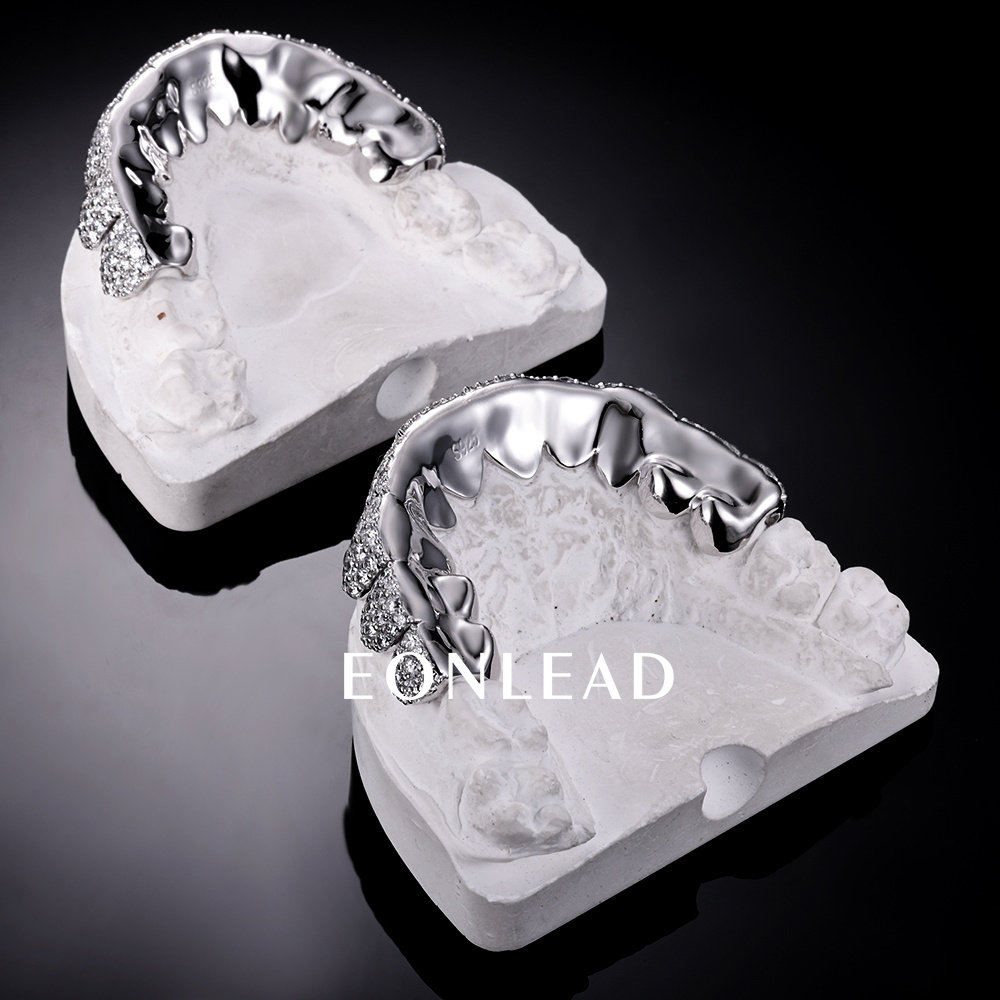 Custom S925 Silver White Gold Plated Top & Bottom 10 VVS Moissanite Diamond Perm cut Honeycomb Setting Teeth Grillz
