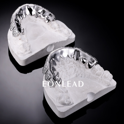 Custom S925 Silver White Gold Plated Top & Bottom 10 VVS Moissanite Diamond Perm cut Honeycomb Setting Teeth Grillz